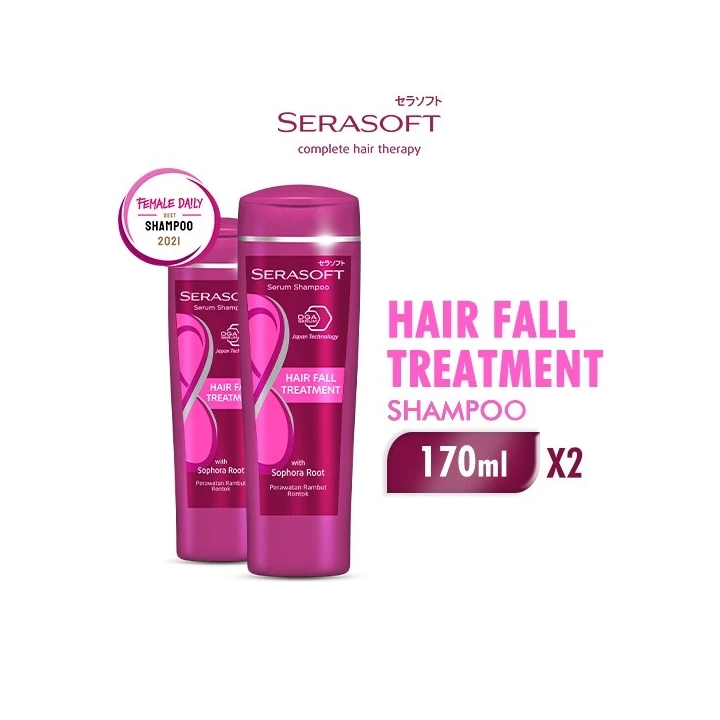 Serasoft Serum Shampoo Hair Fall Treatment Botol 170 ml x2. Estimasi Harga Rp. 34.000,- s/d Rp. 36.000,-