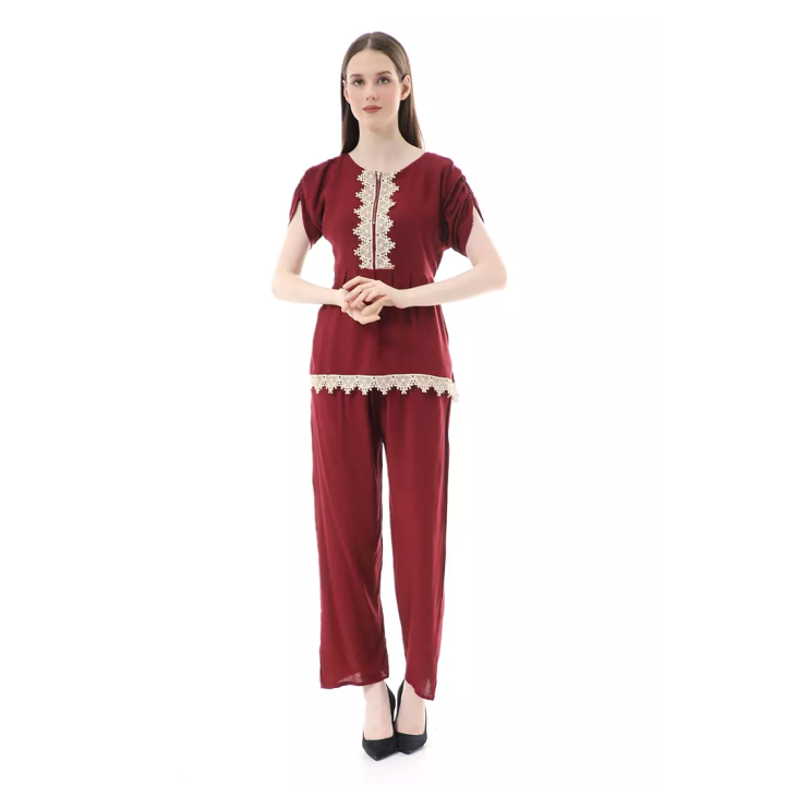 Zemira Piyama One Set Atasan Bawahan Wanita High Quality - Maroon.  Estimasi Harga Rp. 130.000,- s/d Rp. 132.000,-