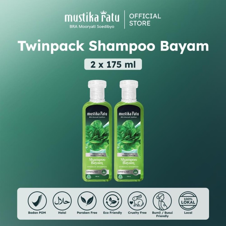 TWINPACK LEBIH MURAH Mustika Ratu Shampoo Bayam 175ml perawatan untuk rambut rontok. Estimasi Harga Rp. 55.000,- s/d 57.000,-